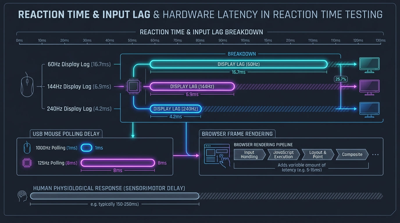 Technical infographic breaking down display refresh lag across 60Hz, 144Hz, 240Hz, USB mouse polling rates, and browser composition delays