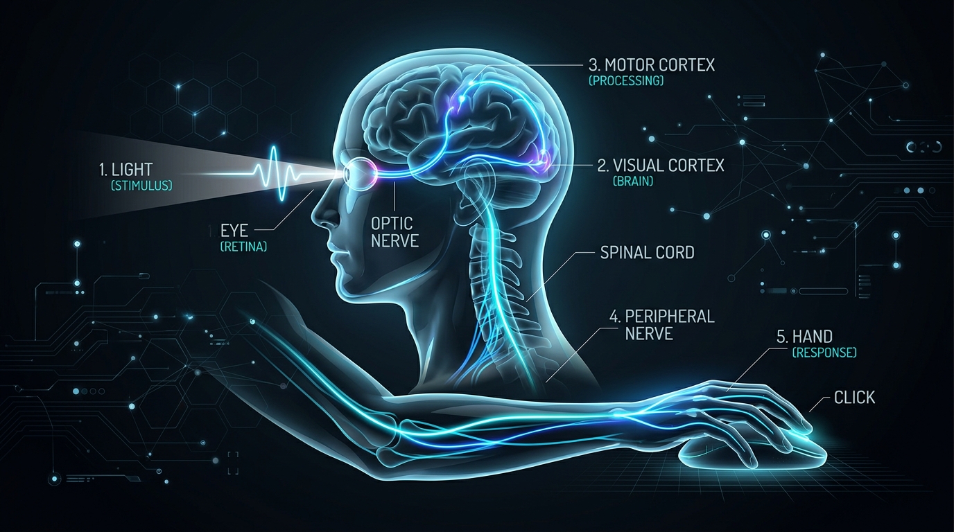 Scientific anatomical diagram illustrating the human reaction time neural pathway from visual retina stimulus through the visual cortex and motor cortex to neuromuscular finger click
