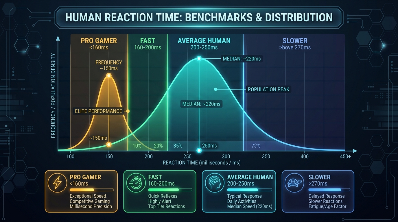Human reaction time distribution bell curve chart showing benchmark tiers: pro gamer under 160ms, fast 160-200ms, average human 200-250ms, and slower above 270ms
